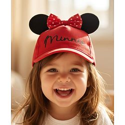 Babyhug Disney Cotton Woven Summer Cap With Minnie Mouse Graphics & Ear & Bow Applique Red - Diameter 20 cm