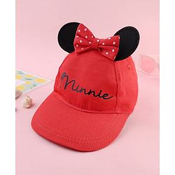 Babyhug Disney Cotton Woven Summer Cap With Minnie Mouse Graphics & Ear & Bow Applique Red - Diameter 20 cm