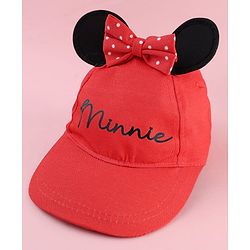 Babyhug Disney Cotton Woven Summer Cap With Minnie Mouse Graphics & Ear & Bow Applique Red - Diameter 20 cm