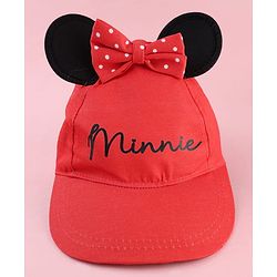 Babyhug Disney Cotton Woven Summer Cap With Minnie Mouse Graphics & Ear & Bow Applique Red - Diameter 20 cm