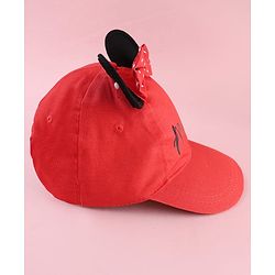 Babyhug Disney Cotton Woven Summer Cap With Minnie Mouse Graphics & Ear & Bow Applique Red - Diameter 20 cm