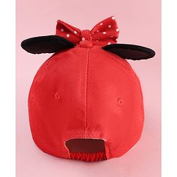 Babyhug Disney Cotton Woven Summer Cap With Minnie Mouse Graphics & Ear & Bow Applique Red - Diameter 20 cm
