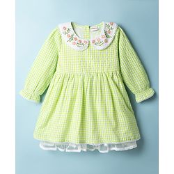 Babyhug Cotton Woven One Piece Dresses/Frocks with Embroidered Peter Pan Collar Green 3-6 Months