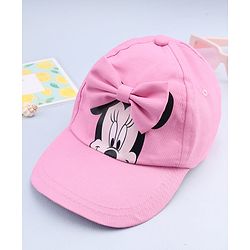 Babyhug Disney Cotton Woven Summer Cap With Minnie Mouse Graphics & Bow Applique Pink - Diameter 17.5 cm