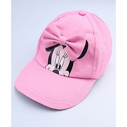 Babyhug Disney Cotton Woven Summer Cap With Minnie Mouse Graphics & Bow Applique Pink - Diameter 17.5 cm