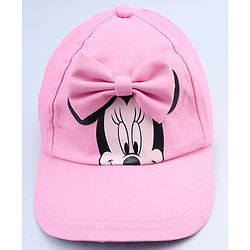 Babyhug Disney Cotton Woven Summer Cap With Minnie Mouse Graphics & Bow Applique Pink - Diameter 17.5 cm