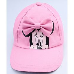Babyhug Disney Cotton Woven Summer Cap With Minnie Mouse Graphics & Bow Applique Pink - Diameter 17.5 cm