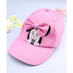 Babyhug Disney Cotton Woven Summer Cap With Minnie Mouse Graphics & Bow Applique Pink - Diameter 17.5 cm