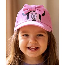 Babyhug Disney Cotton Woven Summer Cap With Minnie Mouse Graphics & Bow Applique Pink - Diameter 17.5 cm