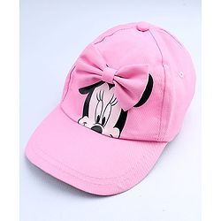 Babyhug Disney Cotton Woven Summer Cap With Minnie Mouse Graphics & Bow Applique Pink - Diameter 17.5 cm