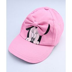 Babyhug Disney Cotton Woven Summer Cap With Minnie Mouse Graphics & Bow Applique Pink - Diameter 17.5 cm