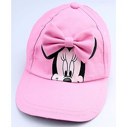 Babyhug Disney Cotton Woven Summer Cap With Minnie Mouse Graphics & Bow Applique Pink - Diameter 17.5 cm