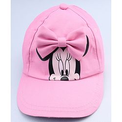 Babyhug Disney Cotton Woven Summer Cap With Minnie Mouse Graphics & Bow Applique Pink - Diameter 17.5 cm