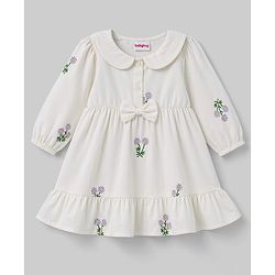 Babyhug Cotton Woven Full Sleeves Floral Embroidered Frock wth Peter Pan Collar - White