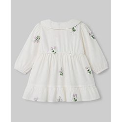 Babyhug Cotton Woven Full Sleeves Floral Embroidered Frock wth Peter Pan Collar - White