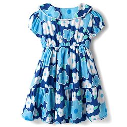 Babyhug Cotton Woven Half Sleeves Floral Printed Frock with Peter Pan Collar-Blue