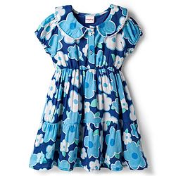Babyhug Cotton Woven Half Sleeves Floral Printed Frock with Peter Pan Collar-Blue