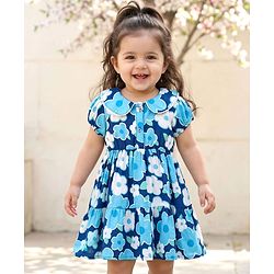 Babyhug Cotton Woven Half Sleeves Floral Printed Frock with Peter Pan Collar-Blue