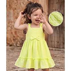 Babyhug Cotton Woven Sleeveless Frock With Bow Applique - Lime Green