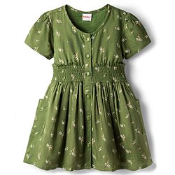 Babyhug Cotton Woven Half Sleeves Floral Printed Flared Frock with Smoking Detailing - Green