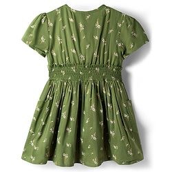 Babyhug Cotton Woven Half Sleeves Floral Printed Flared Frock with Smoking Detailing - Green