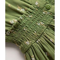 Babyhug Cotton Woven Half Sleeves Floral Printed Flared Frock with Smoking Detailing - Green