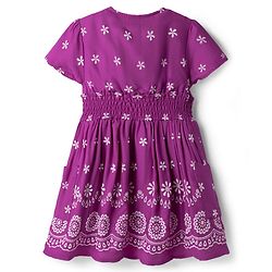 Babyhug Cotton Woven Half Sleeves Floral Printed Flared Frock with Smoking Detailing - Dark Pink