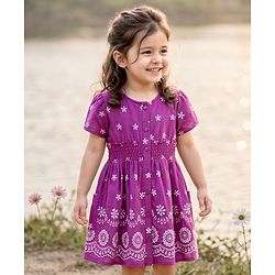 Babyhug Cotton Woven Half Sleeves Floral Printed Flared Frock with Smoking Detailing - Dark Pink