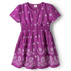Babyhug Cotton Woven Half Sleeves Floral Printed Flared Frock with Smoking Detailing - Dark Pink