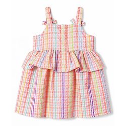 Babyhug Cotton Woven Sleeveless Checked Frock With Bow Applique - Multicolor