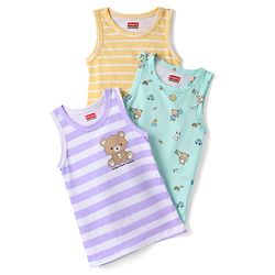 Babyhug 100% Cotton Antibacterial Sleeveless Striped Vests With Bear Print Pack of 3 - Multicolor