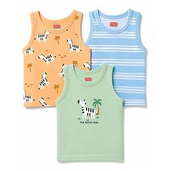 Babyhug 100% Cotton Knit Sleeveless Striped & Zebra Printed Anti Bacterial Sando Vests Pack Of 3 - Light Blue Orange & Green