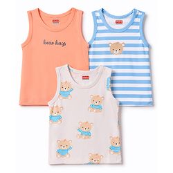 Babyhug 100% Cotton Single Jersey Knit Antibacterial Striped Sleeveless Vest with Bear Print Pack of 3 - Blue & Orange