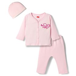 Babyhug Cotton Knit Full Sleeves Front Open Text Printed Footed Sleepsuit with Cap - Pink