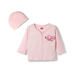 Babyhug Cotton Knit Full Sleeves Front Open Text Printed Footed Sleepsuit with Cap - Pink