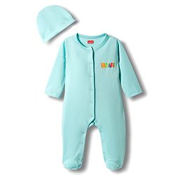 Babyhug Cotton Knit Full Sleeves Front Open Text Printed Footed Sleepsuit with Cap - Pink