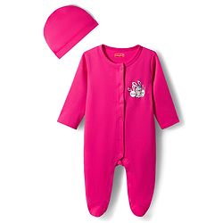 Babyhug Cotton Knit Full Sleeves Front Open Text Printed Footed Sleepsuit with Cap - Dark Pink