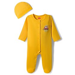 Babyhug Cotton Knit Full Sleeves Front Open Text Printed Footed Sleepsuit with Cap - Pink