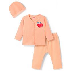 Babyhug Cotton Knit Full Sleeves T-Shirt & Pyjama Night Suit With Peach Print & Cap - Orange