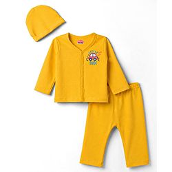 Babyhug Cotton Knit Full Sleeves T-Shirt & Pyjama Night Suit With Peach Print & Cap - Orange