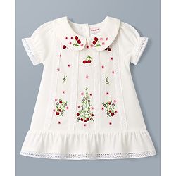 Babyhug 100% Cotton Woven Half Sleeves Floral Embroidered Frock With Lace Detailing - White