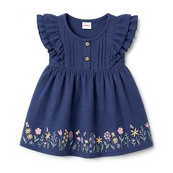 Babyhug 100% Cotton Woven Half Ruffle Sleeves Floral Embroidered Frock - Navy Blue