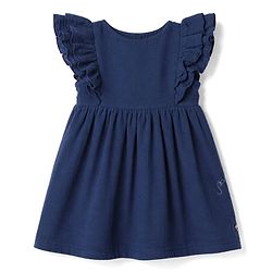 Babyhug 100% Cotton Woven Half Ruffle Sleeves Floral Embroidered Frock - Navy Blue