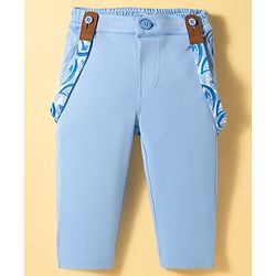 Babyhug Knit Full Sleeves Solid Color Party Shirt & Trouser Set with Bow Suspender & Cap - Light Blue