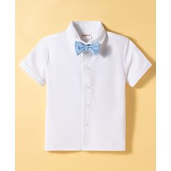 Babyhug Knit Full Sleeves Solid Color Party Shirt & Trouser Set with Bow Suspender & Cap - Light Blue