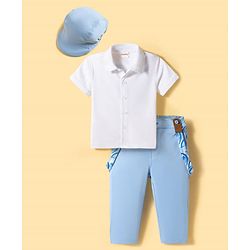 Babyhug Knit Full Sleeves Solid Color Party Shirt & Trouser Set with Bow Suspender & Cap - Light Blue