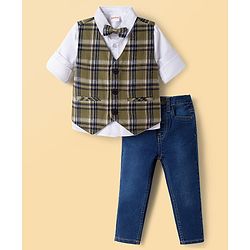 Babyhug Knit Full Sleeves Checks 3 Piece Party Suit With Bow - Green