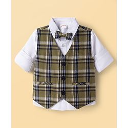 Babyhug Knit Full Sleeves Checks 3 Piece Party Suit With Bow - Green