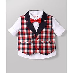 Babyhug Knit Full Sleeves Checks 3 Piece Party Suit With Bow - Red
