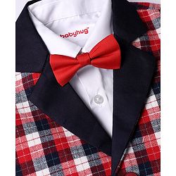 Babyhug Knit Full Sleeves Checks 3 Piece Party Suit With Bow - Red